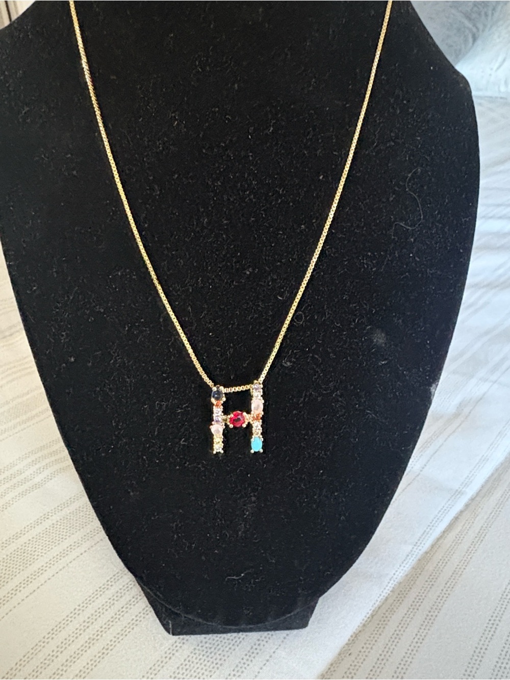 Gold Initial H Necklace with Multicolor Gemstones